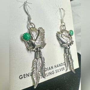ANNIE SPENCER Navajo Sterling Silver Kingman Turquoise Eagle Feather Earrings